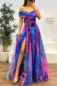 Jinnie - Φόρεμα Maxi με Τούλι, Λουλούδια και Πέταλα, Πλισέ, με Άνοιγμα στους Ώμους