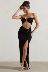 Cancun™ | Εcru strapless maxi φόρεμα με κοψίματα και στροφή