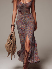Ανσέλμα | Γκρι-μωβ Πλισέ Floral Print Maxi Φόρεμα